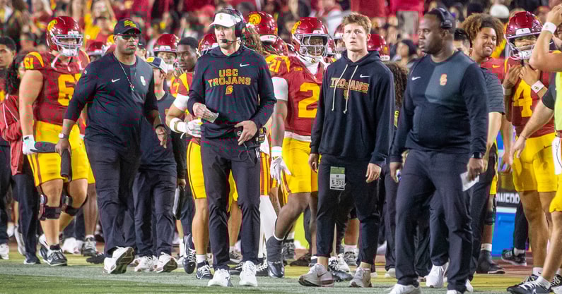 USC head coach Lincoln Riley on the sidelines during a game against Northwestern