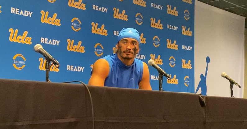 UCLA quarterback Nico Iamaleava talks to reporters after loss to Nebraska on Nov. 8, 2025.
