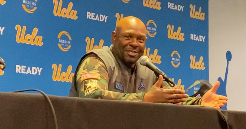 UCLA head coach Tim Skipper answers questions from reporters following a loss to Nebraska on Nov. 8, 2025.