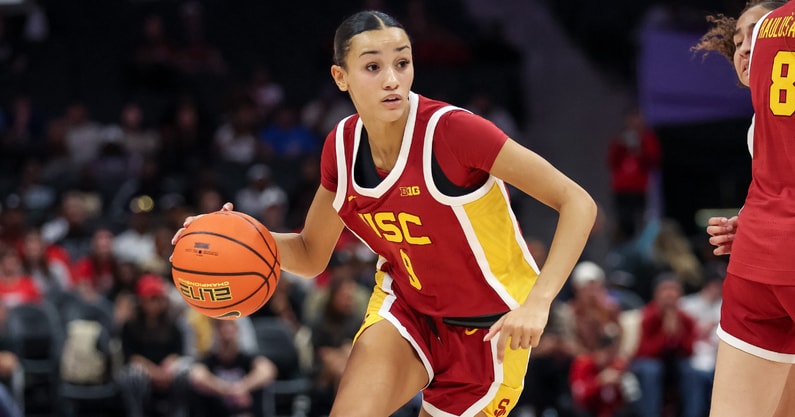 USC Trojans guard Jazzy Davidson (9) dribbles the ball against the NC State Wolfpack during the fourth quarter of the Ally Tipoff game at Spectrum Center