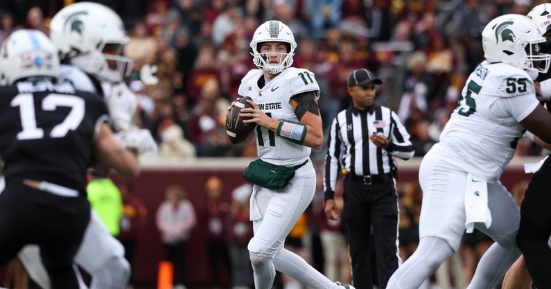 Michigan State Spartans quarterback Alessio Milivojevic (11) looks to pass against the Minnesota Golden Gophers during the first half at Huntington Bank Stadium. - Matt Krohn, USA TODAY Sports