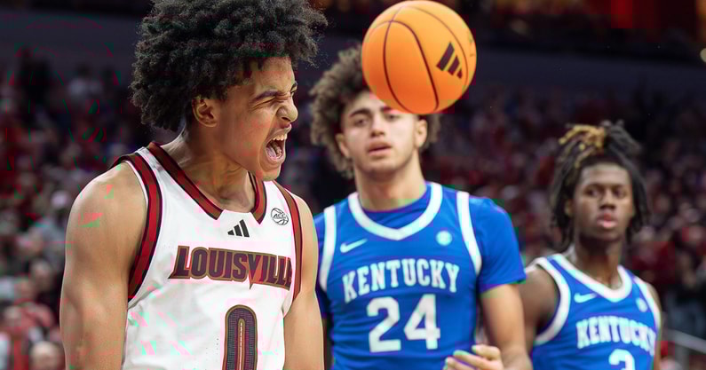 Louisville Cardinals guard Mikel Brown Jr. (0) celebrated after scoring and drawing a foul during the second half as the Louisville Cardinals hosted the Kentucky Wildcats at the KFC Yum! Center on Tuesday, Nov. 11, 2025. The Cardinals defeated the Wildcats 96-88.