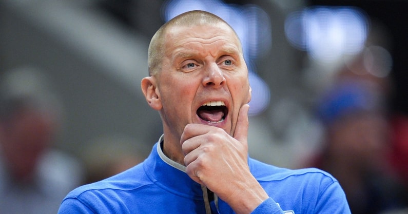 Kentucky Wildcats head coach Mark Pope watches as the Cards go up on Kentucky in the first half during the UofL-UK annual rivalry game at the KFC Yum! Center in Louisville, Kentucky Nov. 11, 2025. © Matt Stone/Courier Journal / USA TODAY NETWORK via Imagn Images
