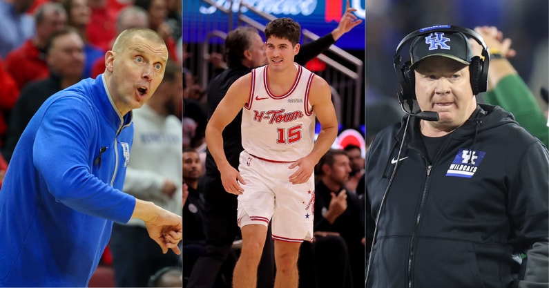 Photos of Mark Pope (left), Reed Sheppard (middle), and Mark Stoops via KSR and Imagn Images