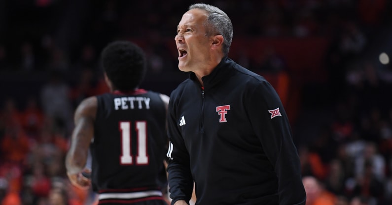 Nov 11, 2025; Champaign, Illinois, USA; Texas Tech Red Raiders head coach Grant McCasland reacts during the first half against the Illinois Fighting Illini at State Farm Center.