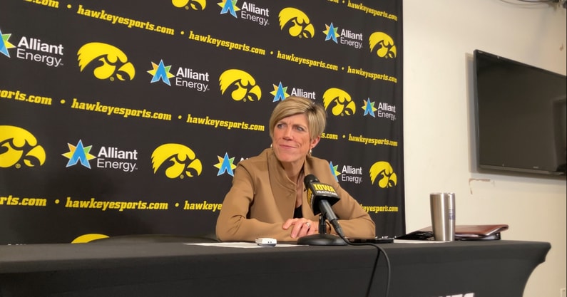 Jan Jensen and players met with the media after the Hawkeyes win over Drake. (Photo by Kyle Huesmann)
