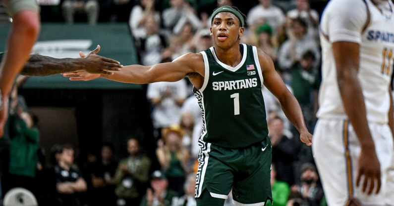 Michigan State's Jeremy Fears Jr. celebrates after his 3-pointer against San Jose State during the second half on Thursday, Nov. 13, 2025, at the Breslin Center in East Lansing. - Nick King, USA TODAY Sports