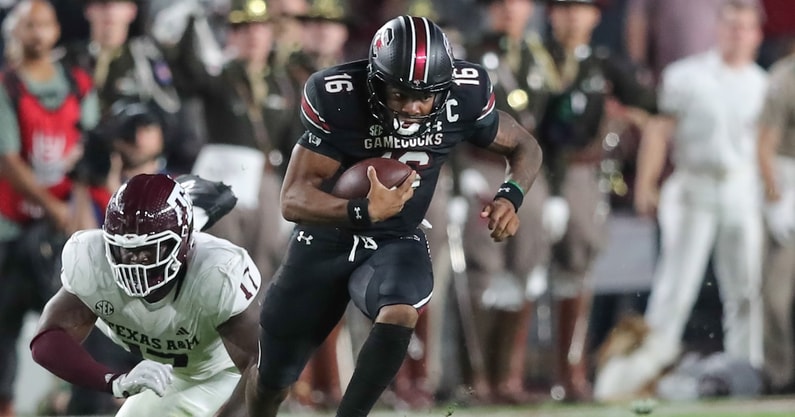 LaNorris Sellers scrambles against Texas A&M (Photo: CJ Driggers | GamecockCentral.com)