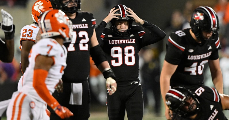 Nov 14, 2025; Louisville, Kentucky, USA; Louisville Cardinals kicker Nick Keller (98) reacts after missing a field goal attempt during the second half against the Clemson Tigers at L&N Federal Credit Union Stadium. Clemson defeated Louisville 20-19. Mandatory Credit: Jamie Rhodes-Imagn Images