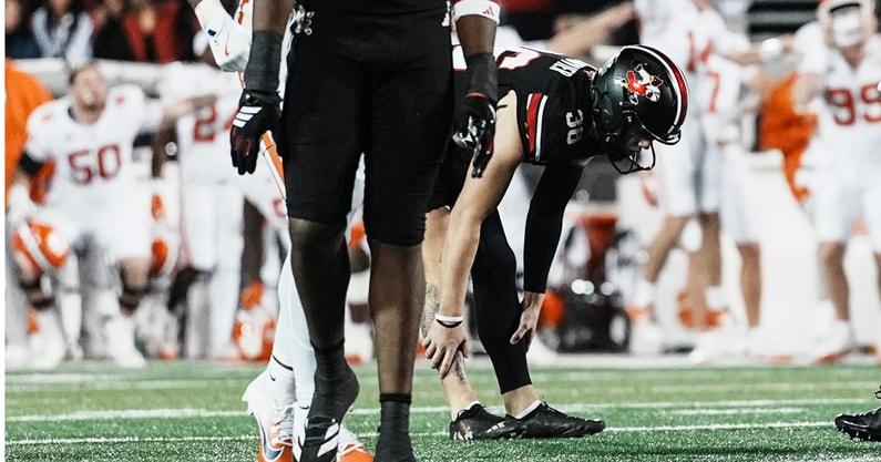 Louisville Cardinals kicker Cooper Ranvier (36) reacts after missing a three-point field goal attempt that could have given the Cards the lead late in the fourth quarter as Clemson edged Louisville 20-19 at L&N Stadium Friday, Nov. 14, 2025. The Cards are now 7-3.