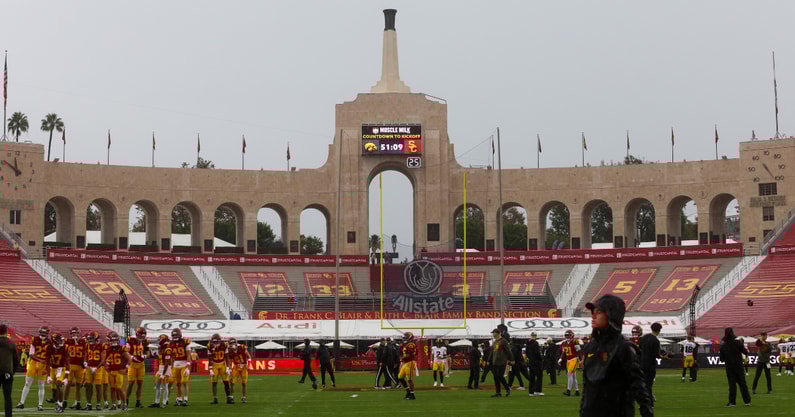 The Los Angeles Memorial Coliseum before a game between the USC Trojans and Iowa Hawkeyes