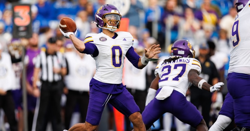 Nov 15, 2025; Lexington, Kentucky, USA; Tennessee Tech Golden Eagles quarterback Kekoa Visperas (0) throws a pass during the third quarter against the Kentucky Wildcats at Kroger Field. Mandatory Credit: Jordan Prather-Imagn Images