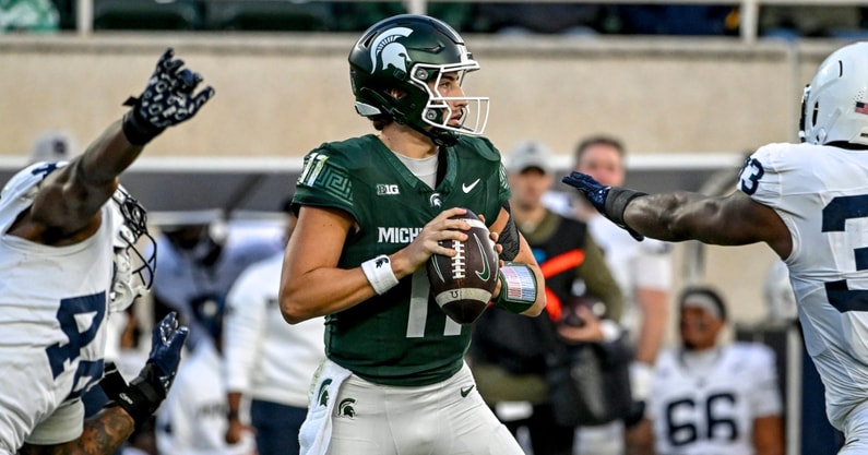 Michigan State's Alessio Milivojevic looks to throw against Penn State during the second quarter on Saturday, Nov. 15, 2025, at Spartan Stadium in East Lansing. - Nick King, USA TODAY Sports