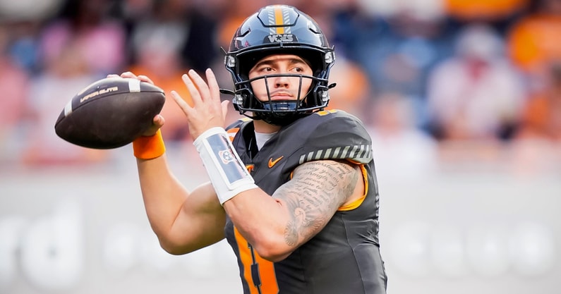 Tennessee quarterback Joey Aguilar (6) throws the ball during Tennessee's game against New Mexico State in Neyland Stadium in Knoxville, Tenn., on Nov. 15, 2025.