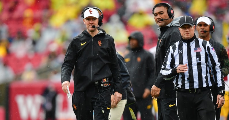 USC Trojans head coach Lincoln Riley watches game action against the Iowa Hawkeyes during the first half at the Los Angeles Memorial Coliseum