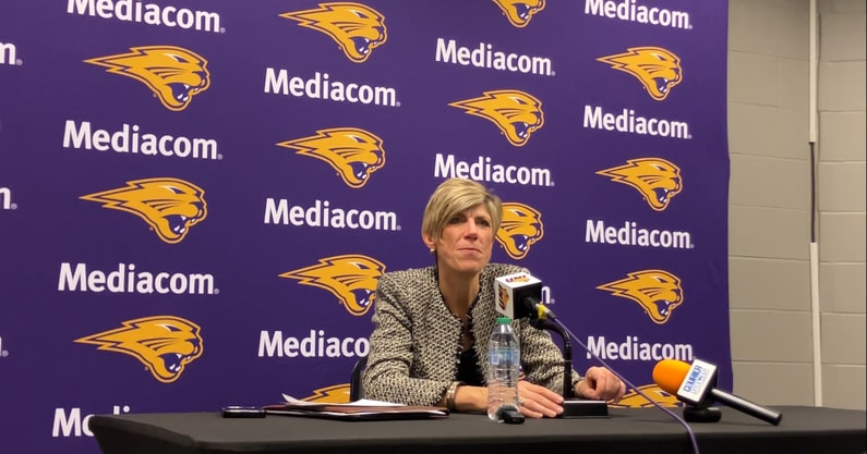 Jan Jensen discusses the win over the Panthers in Cedar Falls. (Photo by Kyle Huesmann)