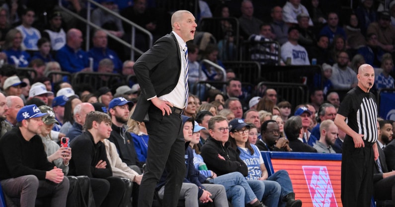 Dec 21, 2024; New York, New York, USA; Kentucky Wildcats head coach Mark Pope reacts during the first half against the Ohio State Buckeyes at Madison Square Garden. Mandatory Credit: John Jones-Imagn Images