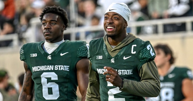 Michigan State's Aidan Chiles, right, and Nick Marsh walk to the locker room at halftime in the game against Penn State during the second quarter on Saturday, Nov. 15, 2025, at Spartan Stadium. - Nick King, USA TODAY Sports