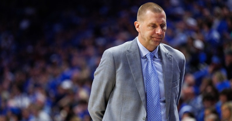 Nov 14, 2025; Lexington, Kentucky, USA; Kentucky Wildcats head coach Mark Pope walks down the sideline during the second half against the Eastern Illinois Panthers at Rupp Arena at Central Bank Center. Mandatory Credit: Jordan Prather-Imagn Images
