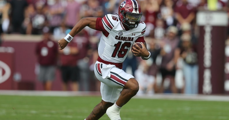 South Carolina quarterback LaNorris Sellers after catching a pass against Texas A&M. Photo by: CJ Driggers | GamecockCentral