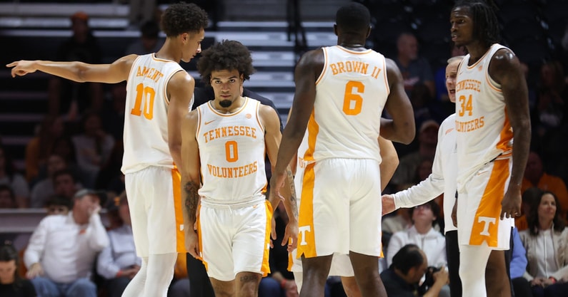 Nov 17, 2025; Knoxville, Tennessee, USA; Tennessee Volunteers guard Ja'Kobi Gillespie (0) walks out of a huddle during the second half against the Rice Owls at Thompson-Boling Arena at Food City Center. Mandatory Credit: Randy Sartin-Imagn Images