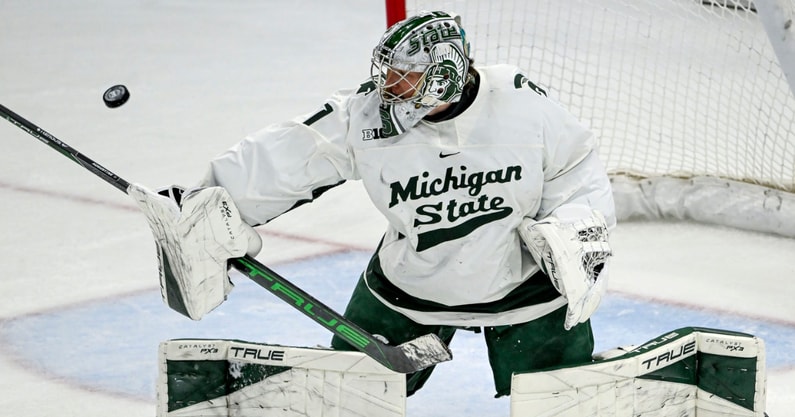 Michigan State's Trey Augustine deflects a Minnesota shot during overtime on Saturday, Jan. 25, 2025, at Munn Arena in East Lansing. - Nick King, USA TODAY Sports