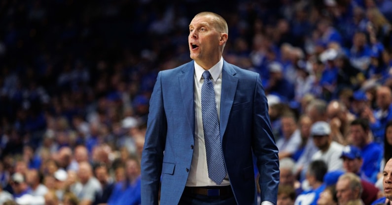 Nov 4, 2025; Lexington, Kentucky, USA; Kentucky Wildcats head coach Mark Pope calls out a play during the first half against the Nicholls Colonels at Rupp Arena at Central Bank Center. Mandatory Credit: Jordan Prather-Imagn Images
