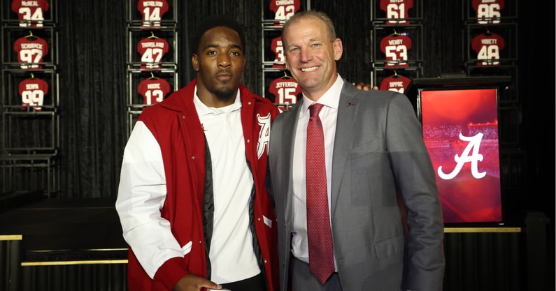 Alabama LB Justin Jefferson and coach Kalen DeBoer