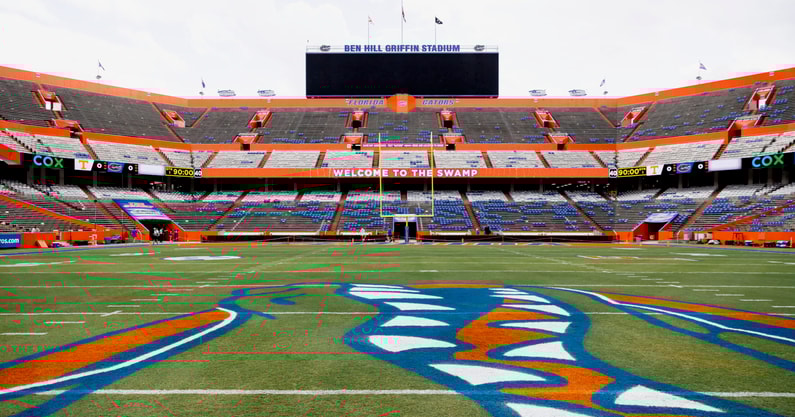 Florida, USA; The scoreboard at Ben Hill Griffin Stadium is seen from the 50-yard line before a game between the Florida