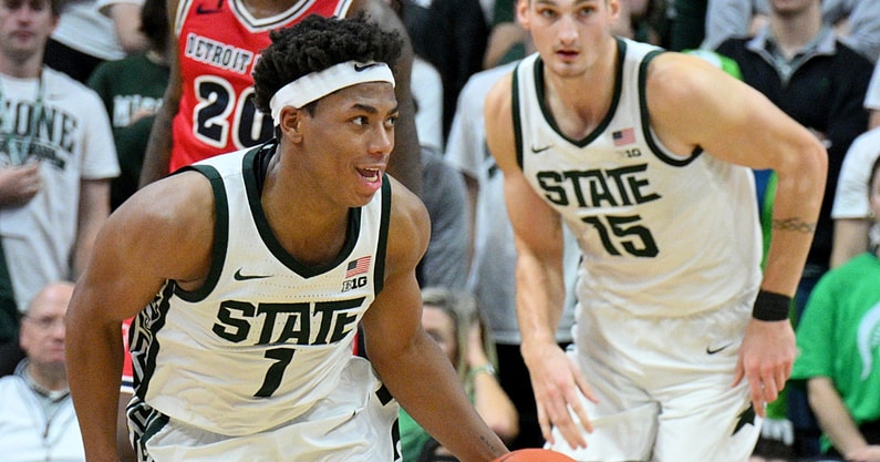 Michigan State Spartans guard Jeremy Fears Jr. (1) put up a double-double against the Detroit Mercy Titans at Jack Breslin Student Events Center. - Dale Young, USA TODAY Sports