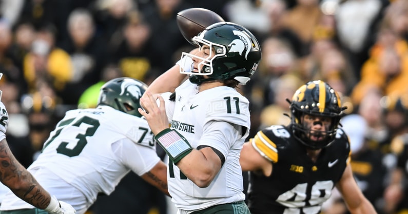 Michigan State Spartans quarterback Alessio Milivojevic (11) throws a pass against the Iowa Hawkeyes during the second quarter at Kinnick Stadium. - Jeffrey Becker, USA TODAY Sports