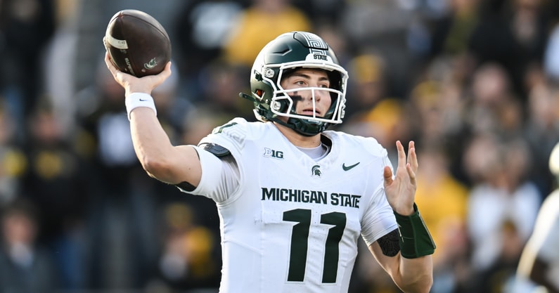 Michigan State Spartans quarterback Alessio Milivojevic (11) throws a pass against the Iowa Hawkeyes during the first quarter at Kinnick Stadium. - Jeffrey Becker, USA TODAY Sports