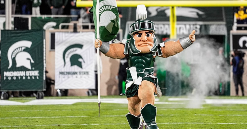 Michigan State mascot Sparty runs out of the tunnel before kickoff against Michigan at Spartan Stadium in East Lansing on Saturday, October 25, 2025. - Junfu Han, USA TODAY Sports