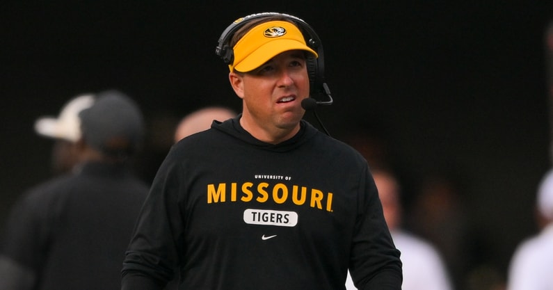 Oct 25, 2025; Nashville, Tennessee, USA;  Missouri Tigers head coach Eli Drinkwitz looks up at the video board against the Vanderbilt Commodores during the first half at FirstBank Stadium. Mandatory Credit: Steve Roberts-Imagn Images