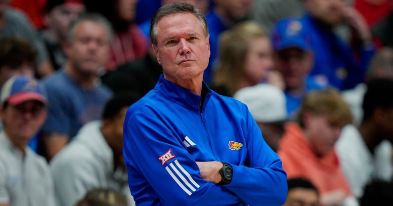 Nov 15, 2025; Lawrence, Kansas, USA; Kansas Jayhawks head coach Bill Self reacts during the first half against the Princeton Tigers at Allen Fieldhouse. Mandatory Credit: Jay Biggerstaff-Imagn Images