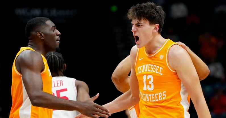 Nov 25, 2025; Las Vegas, NV, USA; Tennessee Volunteers forward J.P. Estrella (13) and forward Dewayne Brown II (6) react in a 2025 Players Era Festival group play game against the Houston Cougars during the second half at MGM Grand Garden Arena. Mandatory Credit: Stephen R. Sylvanie-Imagn Images