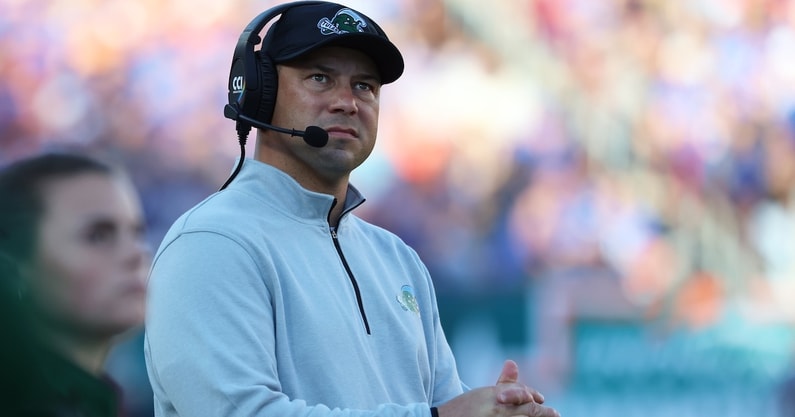 Dec 20, 2024; Tampa, FL, USA; Tulane Green Wave head coach Jon Sumrall looks on against the Florida Gators during the first quarter at Raymond James Stadium. Mandatory Credit: Kim Klement Neitzel-Imagn Images