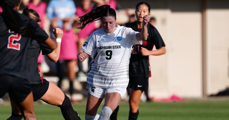Michigan State's Kayla Briggs carries the ball in Friday's game against Stanford (photo courtesy of Michigan State women's soccer via Twitter).
