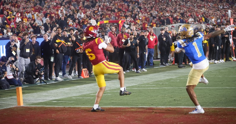 USC wide receiver Makai Lemon catches a touchdown pass against the UCLA Bruins