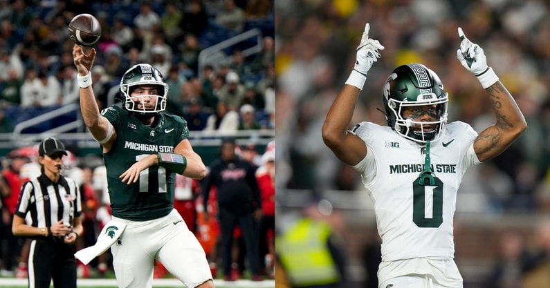 (LEFT) Michigan State quarterback Alessio Milivojevic (11) throws a touchdown pass against Maryland in the first quarter at Ford Field. - Brendan Mullin, USA TODAY Sports / (RIGHT) Michigan State wide receiver Alante Brown (0) cheer on before Michigan kicking off during the first half at Michigan Stadium in Ann Arbor on Saturday, Oct. 26, 2024. - Junfu Han, USA TODAY Sports