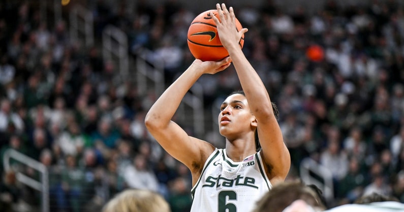 Michigan State's Jordan Scott shoots a free throw against Iowa during the first half on Tuesday, Dec. 2, 2025, at the Breslin Center in East Lansing. - Nick King, USA TODAY Sports