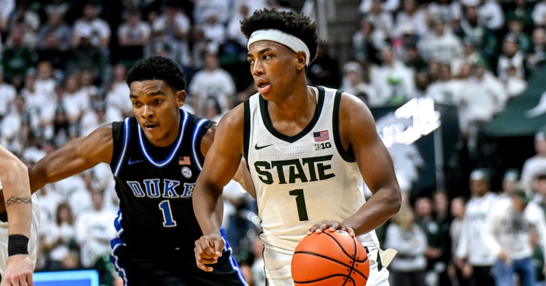 Michigan State's Jeremy Fears Jr., right, moves the ball as Duke's Caleb Foster defends during the second half on Saturday, Dec. 6, 2025, at the Breslin Center in East Lansing. - Nick King, USA TODAY Sports