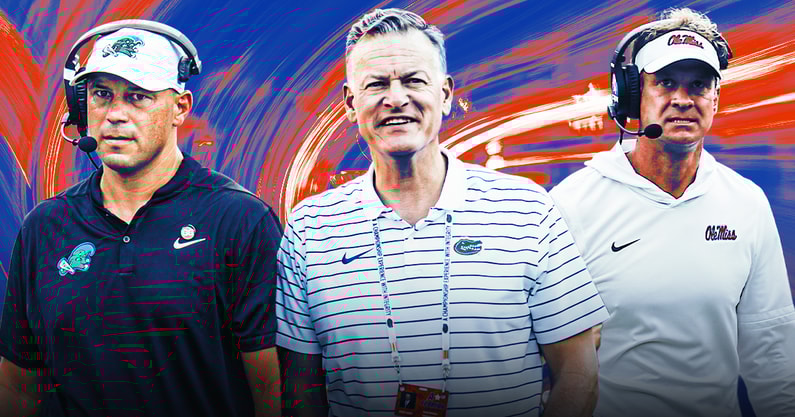 Jon Sumrall (tulane gear), Scott Stricklin (UF AD), and Lane Kiffin