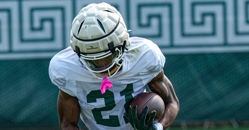 Michigan State's Tracy Revels (21) runs the ball at practice Tuesday, Aug. 5, 2025. - Robert Killips, USA TODAY Sports