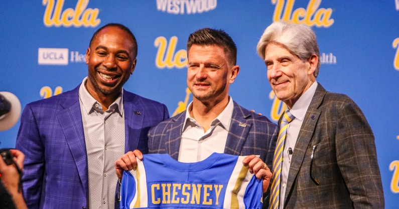 UCLA head coach Bob Chesney, AD Martin Jarmond and chancellor Julio Frenk
