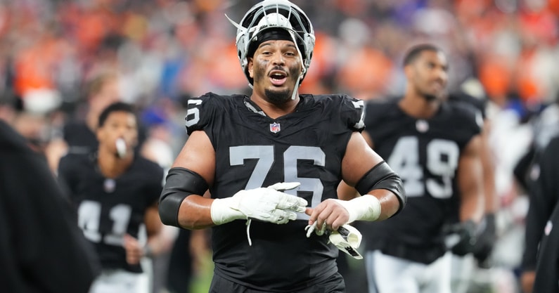 Dec 7, 2025; Paradise, Nevada, USA; Las Vegas Raiders guard Caleb Rogers (76) leaves the field following a game against the Denver Broncos at Allegiant Stadium.