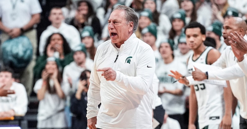Michigan State head coach Tom Izzo reacts to a play against Duke during the first half at Breslin Center in East Lansing on Saturday, Dec. 6, 2025. - Junfu Han, USA TODAY Sports