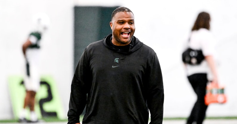 Michigan State assistant head coach Keith Bhonapha calls out to players during football practice on Tuesday, April 8, 2025, in East Lansing. - Nick King, USA TODAY Sports
