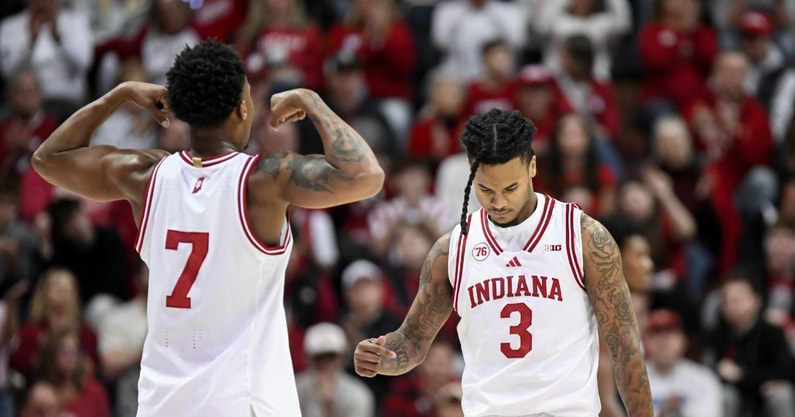 Dec 9, 2025; Bloomington, Indiana, USA; Indiana Hoosiers forward Nick Dorn (7) and guard Lamar Wilkerson (3) celebrate after a play during the second half against the Penn State Nittany Lions at Simon Skjodt Assembly Hall. Mandatory Credit: Robert Goddin-Imagn Images