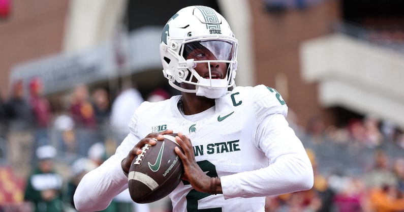 Michigan State Spartans quarterback Aidan Chiles (2) warms up before the game against the Minnesota Golden Gophers at Huntington Bank Stadium. - Matt Krohn, USA TODAY Sports